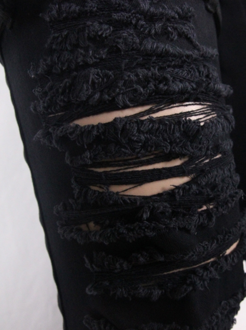 Punk Style Elastic Twill Asymmetric Hole Front Center Eyelet Buckle Decoration Black Daily Pants