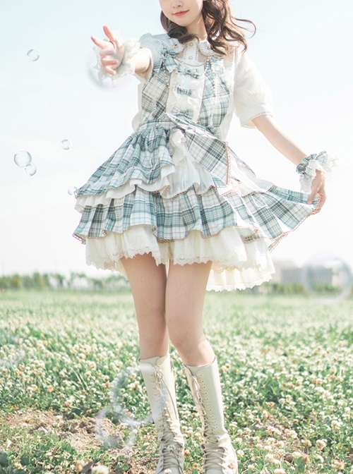 Daily Commuter Cute Idol Summer Little Fresh Sweet Lolita Matcha Ice Plaid Green Skirt Wrist Straps Suit