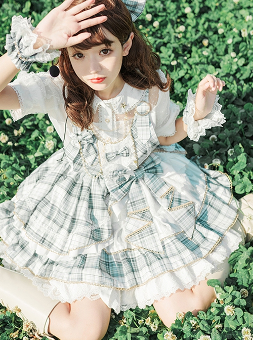 Daily Commuter Cute Idol Summer Little Fresh Sweet Lolita Matcha Ice Plaid Green Skirt Wrist Straps Hairpin Suit