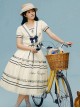 Coastal Diary Series Daily Simple Navy Blue Bowknot Collar Puff Sleeves Ruffle Short-Sleeved Top Skirt Set