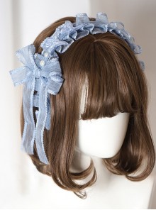 Deep Sea Hospital Series Versatile Pearl Blue Mesh Yarn Ruffles Bowknot Lace Sweet Lolita Hairband