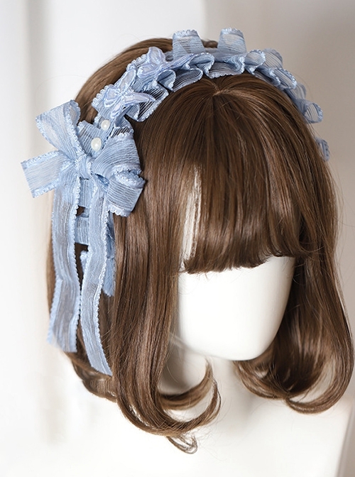 Deep Sea Hospital Series Versatile Pearl Blue Mesh Yarn Ruffles Bowknot Lace Sweet Lolita Hairband