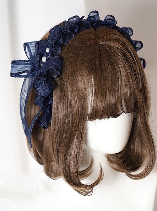 Deep Sea Hospital Series Versatile Pearl Blue Mesh Yarn Ruffles Bowknot Lace Sweet Lolita Hairband