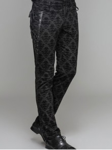 Gothic Style Elastic Flocked Twill Print Side Triangle Eyelet Tie String Decorated Black Gorgeous Trousers