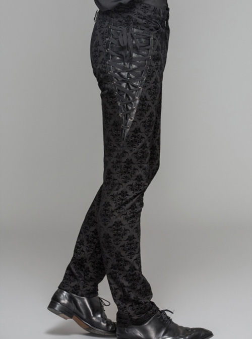 Gothic Style Elastic Flocked Twill Print Side Triangle Eyelet Tie String Decorated Black Gorgeous Trousers