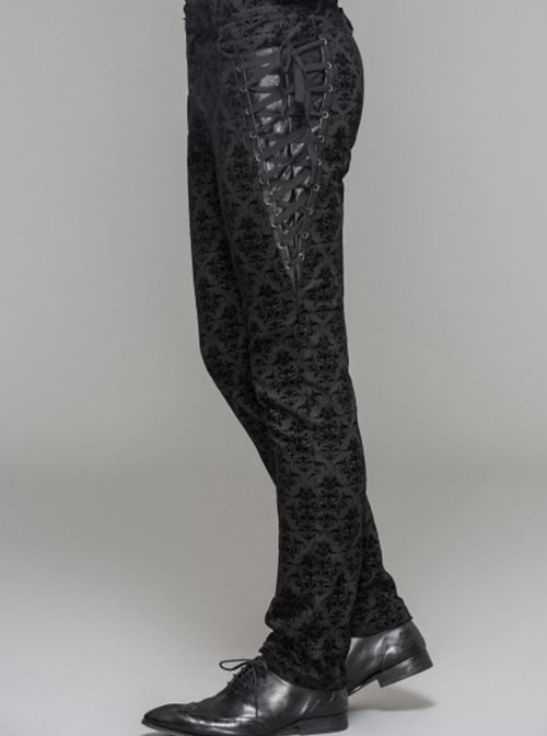 Gothic Style Elastic Flocked Twill Print Side Triangle Eyelet Tie String Decorated Black Gorgeous Trousers