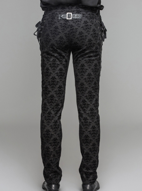 Gothic Style Elastic Flocked Twill Print Side Triangle Eyelet Tie String Decorated Black Gorgeous Trousers