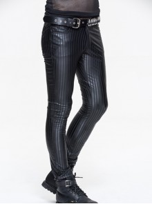 Punk Style Personality Elastic Vertical Stripes Pattern Black Tight Everyday Leather Pants