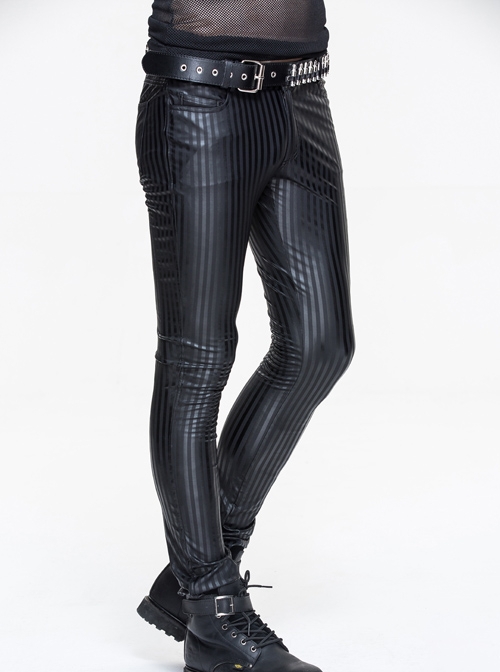 Punk Style Personality Elastic Vertical Stripes Pattern Black Tight Everyday Leather Pants