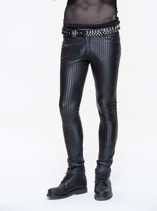 Punk Style Personality Elastic Vertical Stripes Pattern Black Tight Everyday Leather Pants