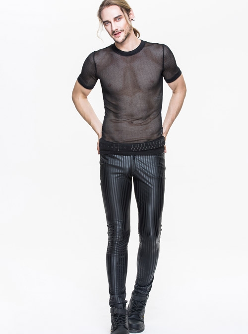 Punk Style Personality Elastic Vertical Stripes Pattern Black Tight Everyday Leather Pants