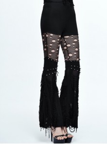 Punk Style Personality Ripped Knitted Patchwork Mesh Knee Metal Rivet Decoration Black Raw Edge Flared Pants