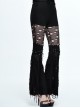 Punk Style Personality Ripped Knitted Patchwork Mesh Knee Metal Rivet Decoration Black Raw Edge Flared Pants