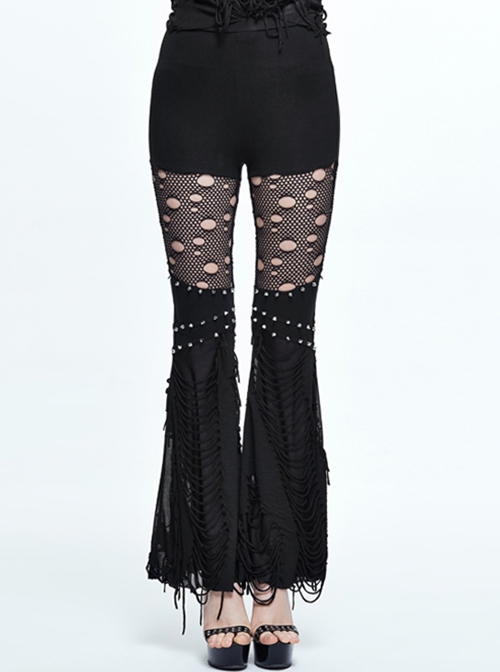 Punk Style Personality Ripped Knitted Patchwork Mesh Knee Metal Rivet Decoration Black Raw Edge Flared Pants