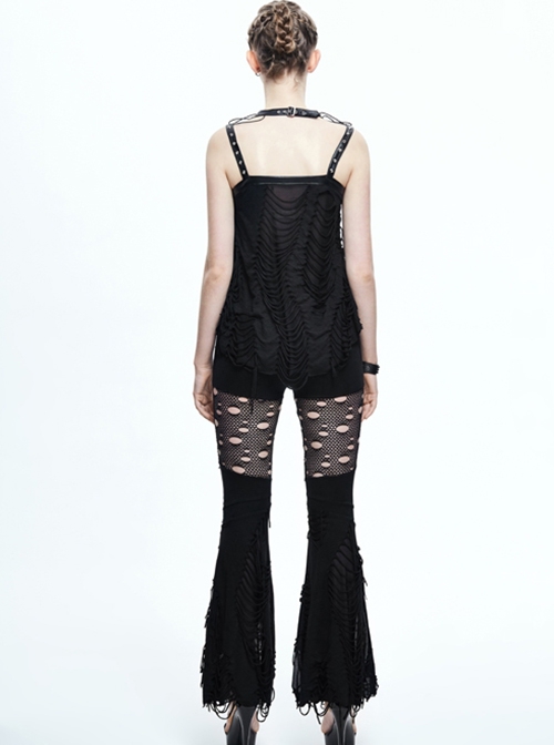 Punk Style Personality Ripped Knitted Patchwork Mesh Knee Metal Rivet Decoration Black Raw Edge Flared Pants