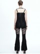 Punk Style Personality Ripped Knitted Patchwork Mesh Knee Metal Rivet Decoration Black Raw Edge Flared Pants