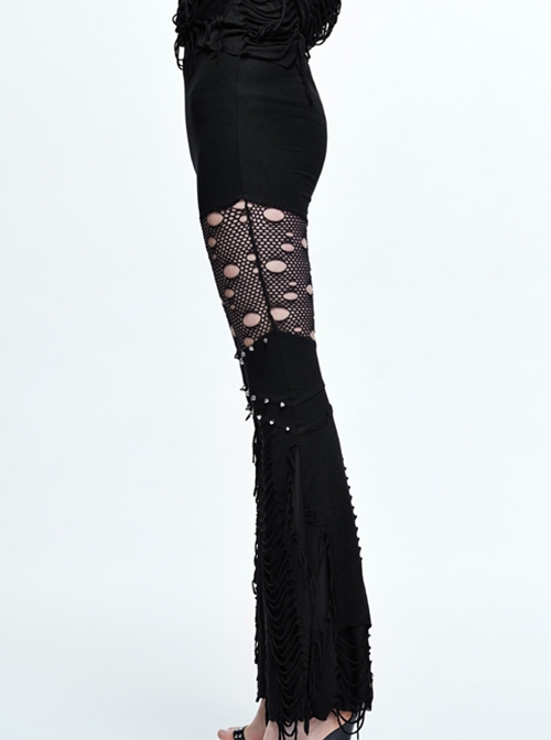 Punk Style Personality Ripped Knitted Patchwork Mesh Knee Metal Rivet Decoration Black Raw Edge Flared Pants