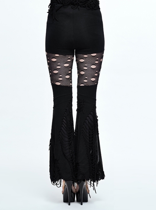 Punk Style Personality Ripped Knitted Patchwork Mesh Knee Metal Rivet Decoration Black Raw Edge Flared Pants