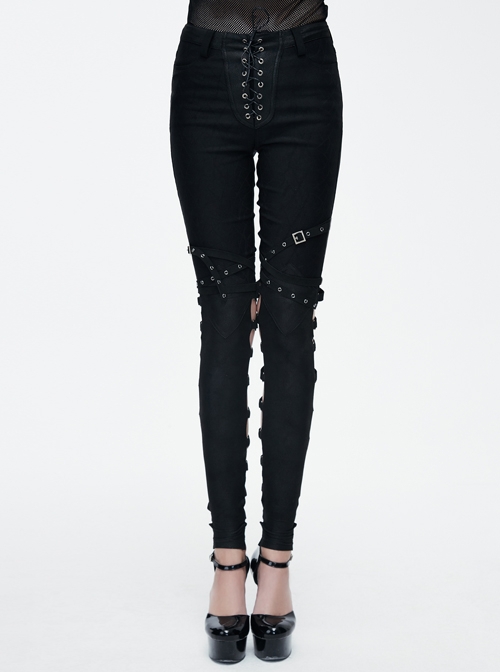 Punk Style Elastic Jacquard Fabric Cross-Calf Straps Hollow Design Black Adjustable Buckle Leggings