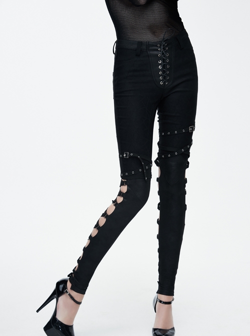 Punk Style Elastic Jacquard Fabric Cross-Calf Straps Hollow Design Black Adjustable Buckle Leggings