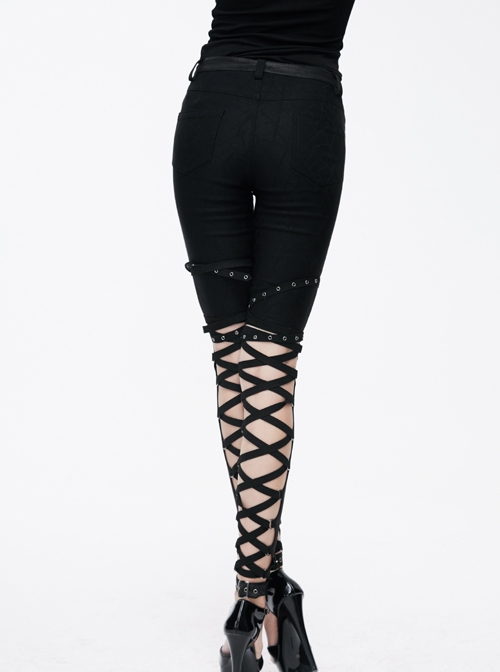 Punk Style Elastic Jacquard Fabric Cross-Calf Straps Hollow Design Black Adjustable Buckle Leggings