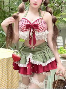 Love Strawberry Series Lace Plaid Summer Island Vacation Red Green Sweet Spice Girls Kawaii Fashion Vest Skirt Set