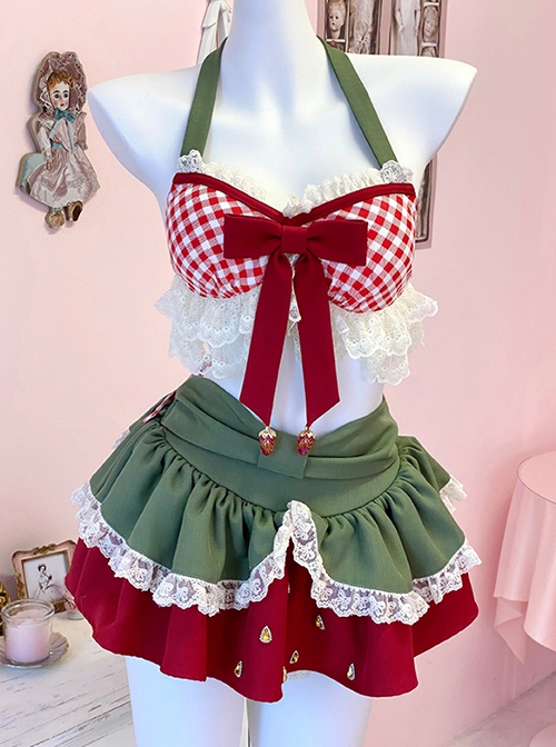 Love Strawberry Series Lace Plaid Summer Island Vacation Red Green Sweet Spice Girls Kawaii Fashion Vest Skirt Set