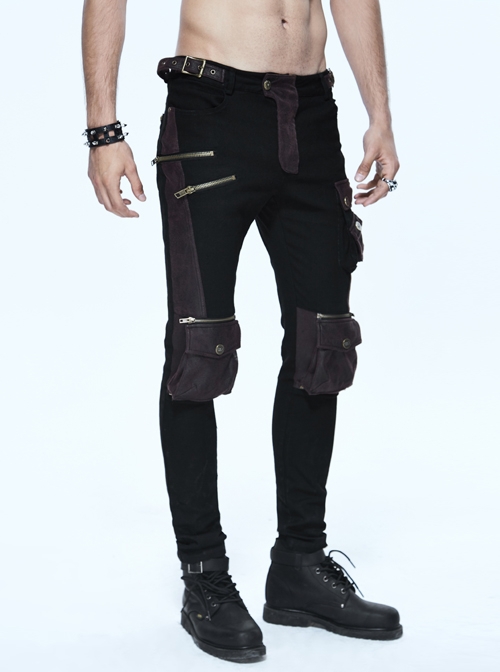 Punk Style Comfortable Twill Fabric Front Accordion Pockets With Zipper Decoration Black Slim Pants