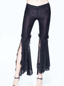 Gothic Style Daily Sexy Tassel Knitted Low Waist Side Slit Lace Pendant Decoration Black Nine Point Flared Pants