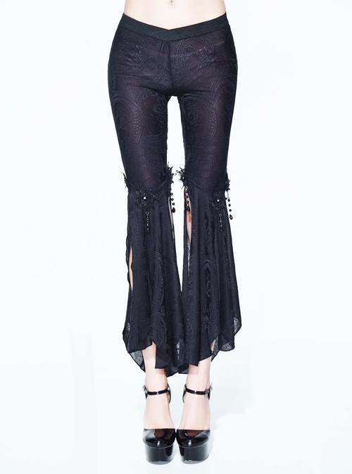 Gothic Style Daily Sexy Tassel Knitted Low Waist Side Slit Lace Pendant Decoration Black Nine Point Flared Pants