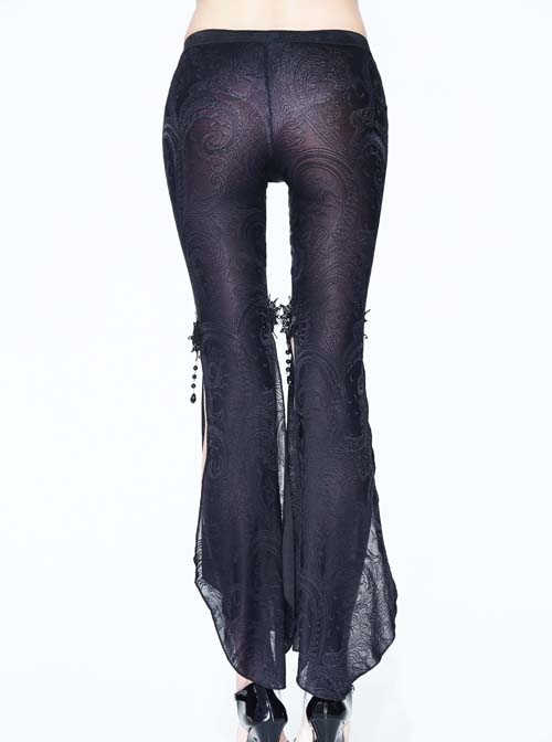 Gothic Style Daily Sexy Tassel Knitted Low Waist Side Slit Lace Pendant Decoration Black Nine Point Flared Pants