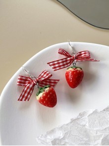 Handmade Simulated Strawberry Cute Girl Lattice Bowknot Sweet Lolita Ear Hook Earrings
