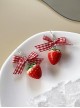 Handmade Simulated Strawberry Cute Girl Lattice Bowknot Sweet Lolita Ear Hook Earrings