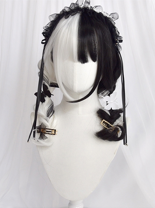 Another World Series Halloween Mysterious Black White Symmetrical Contrast Color Long Curly Hair Gothic Lolita Wig