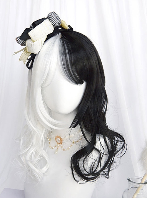 Another World Series Halloween Mysterious Black White Symmetrical Contrast Color Long Curly Hair Gothic Lolita Wig