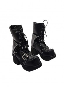 Black Leather Halloween Christmas Cool Rock Diamond Toe Thick Punk Muffin Punk Gothic Fashion Short Tube Boots