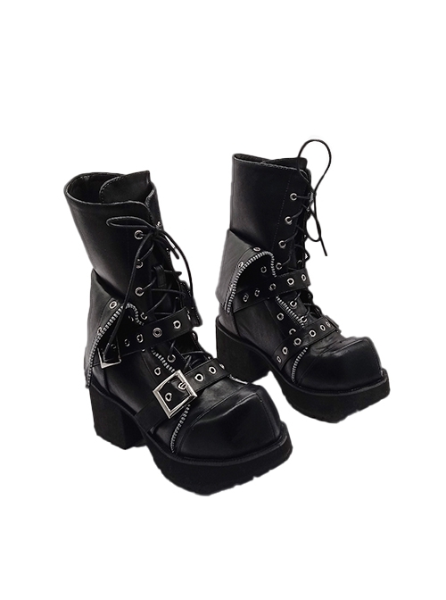 Black Leather Halloween Christmas Cool Rock Diamond Toe Thick Punk Muffin Punk Gothic Fashion Short Tube Boots