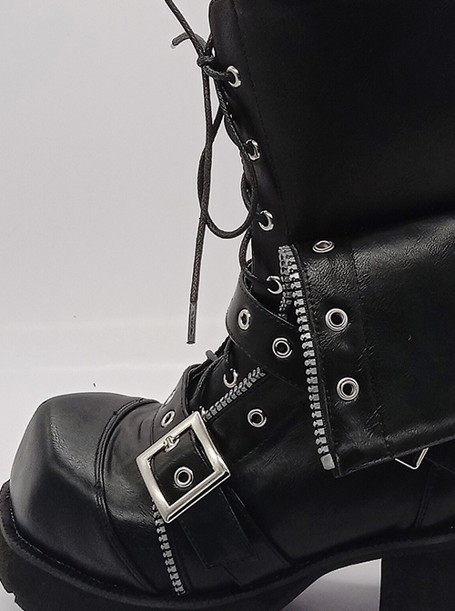 Black Leather Halloween Christmas Cool Rock Diamond Toe Thick Punk Muffin Punk Gothic Fashion Short Tube Boots