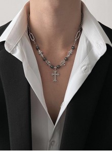 Silver Metal Titanium Cross Beads Retro Rock Fashionable Versatile Sweater Chain Gothic Punk Style Necklace