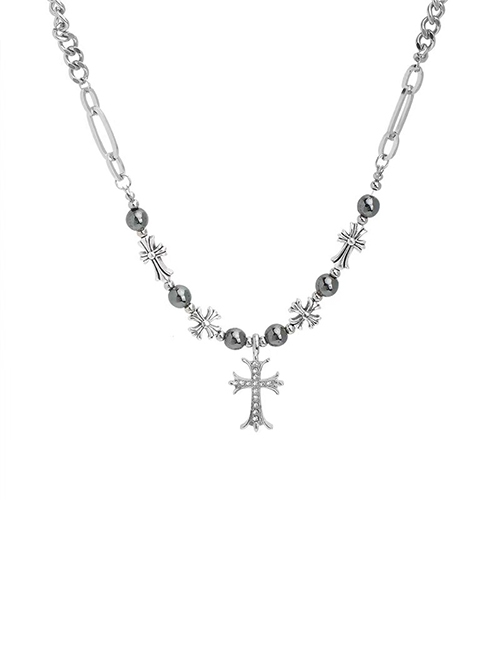 Silver Metal Titanium Cross Beads Retro Rock Fashionable Versatile Sweater Chain Gothic Punk Style Necklace