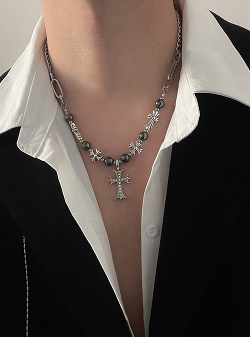 Silver Metal Titanium Cross Beads Retro Rock Fashionable Versatile Sweater Chain Gothic Punk Style Necklace