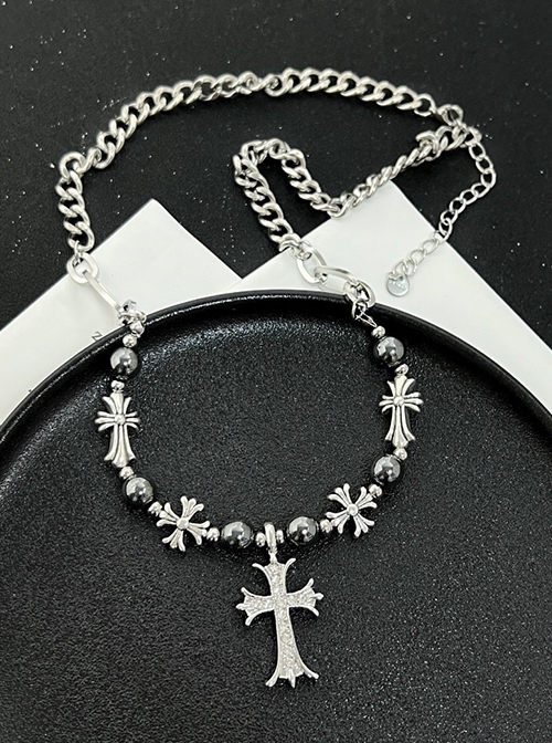 Silver Metal Titanium Cross Beads Retro Rock Fashionable Versatile Sweater Chain Gothic Punk Style Necklace