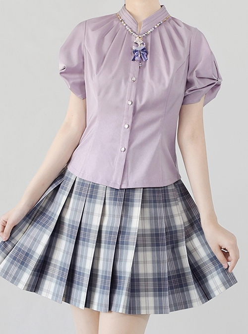 Mercerized Satin Three-Dimensional Pleated Elegant Puff Sleeve Soft Classic Lolita Bowknot Tie Shirt