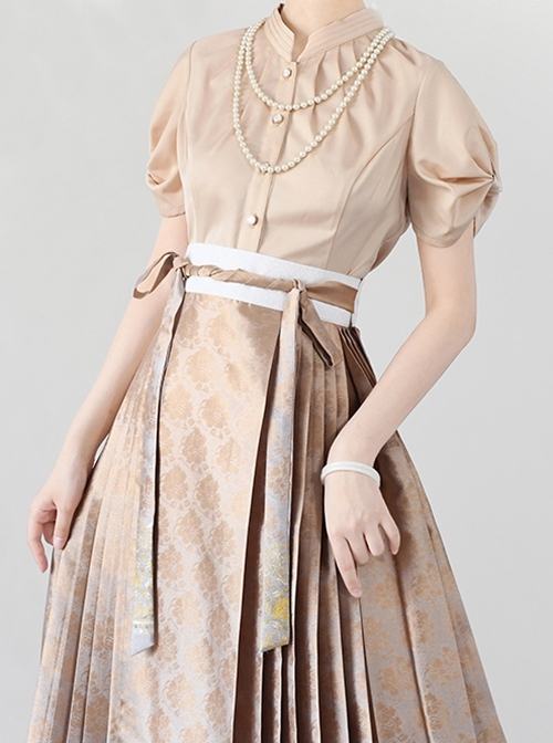 Mercerized Satin Three-Dimensional Pleated Elegant Puff Sleeve Soft Classic Lolita Bowknot Tie Shirt