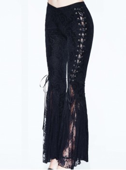 Gothic Style Gorgeous Velvet Palace Embossed Side Double Row Of Metal Studs V Shaped Waist Black Lace Flared Pants