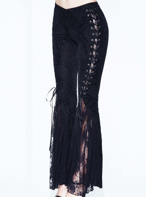 Gothic Style Gorgeous Velvet Palace Embossed Side Double Row Of Metal Studs V Shaped Waist Black Lace Flared Pants