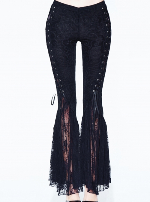 Gothic Style Gorgeous Velvet Palace Embossed Side Double Row Of Metal Studs V Shaped Waist Black Lace Flared Pants