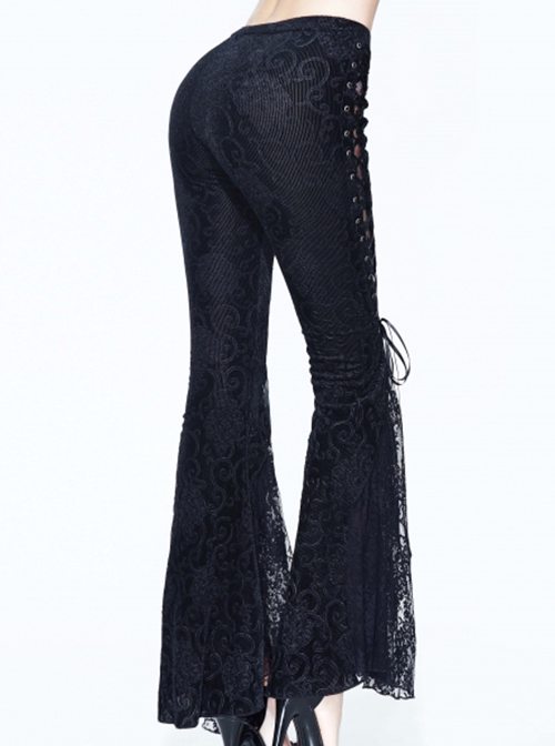 Gothic Style Gorgeous Velvet Palace Embossed Side Double Row Of Metal Studs V Shaped Waist Black Lace Flared Pants