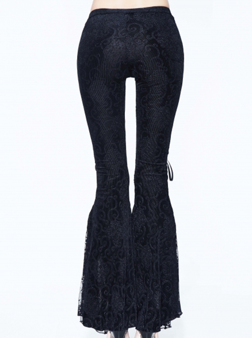 Gothic Style Gorgeous Velvet Palace Embossed Side Double Row Of Metal Studs V Shaped Waist Black Lace Flared Pants