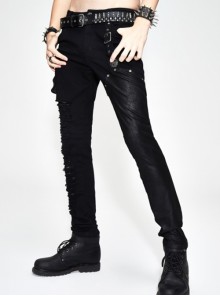Punk Style Personality Asymmetrical Ripped Suede Fabric Front Center Metal Rivet Decoration Black Slim Pants